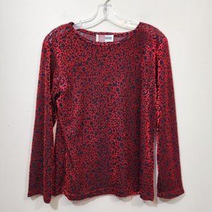 Vintage Simon Chang black sheer with red velvet‎ swirl long sleeve shirt size L